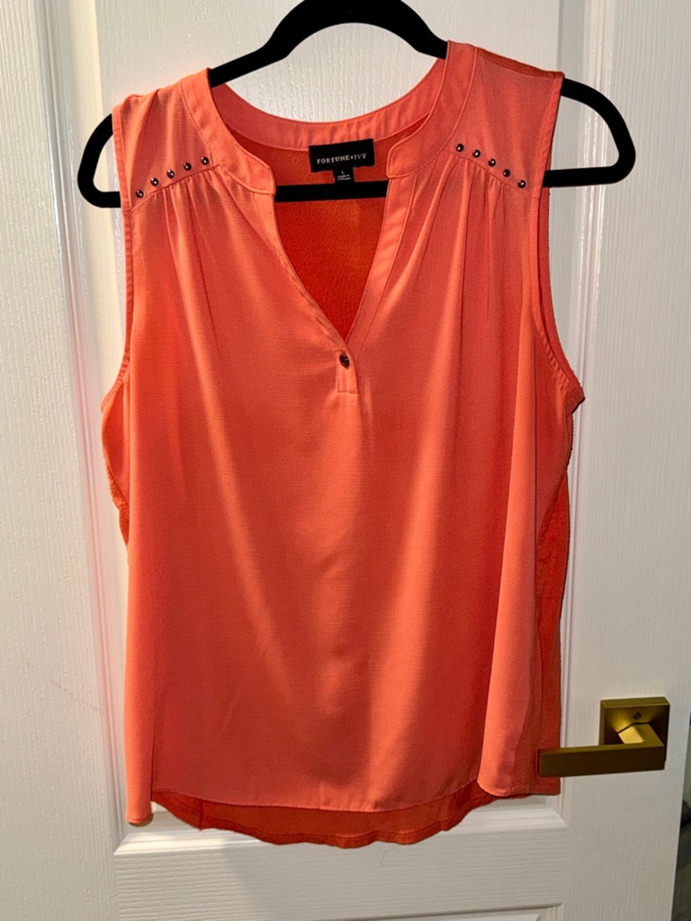 Fortune + Ivy Coral Sleeveless Henley Tank with Stud Detail